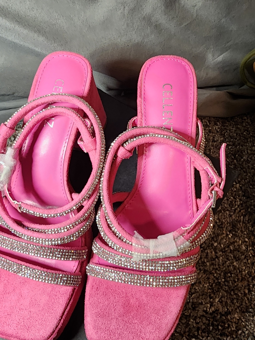 Pink Crystal Strap Block Heel Sandals - Picture 2 of 6